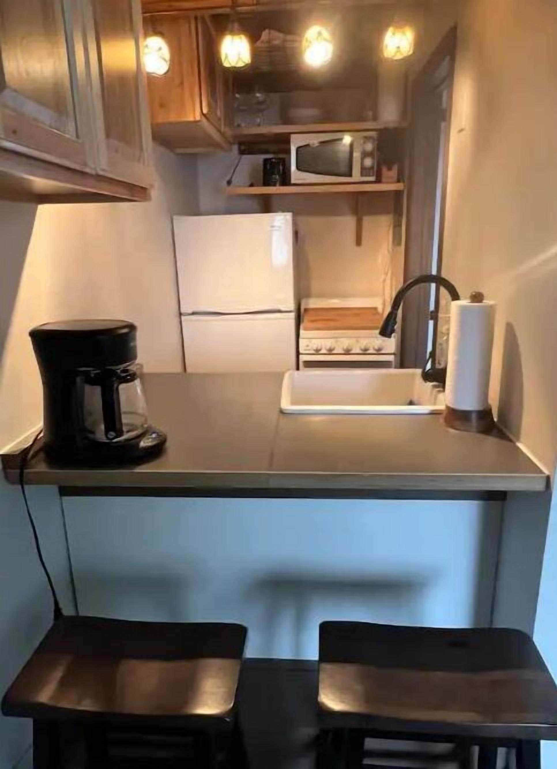 Une cuisine compacte équipée d’un réfrigérateur, d’un four à micro-ondes, d’une machine à café, d’un évier et de deux tabourets.