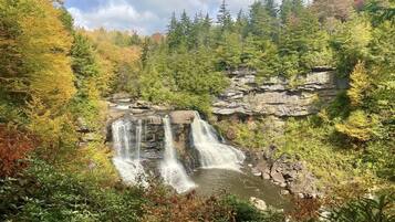 A waterfall surrounded by dense forest and rocky terrain.
