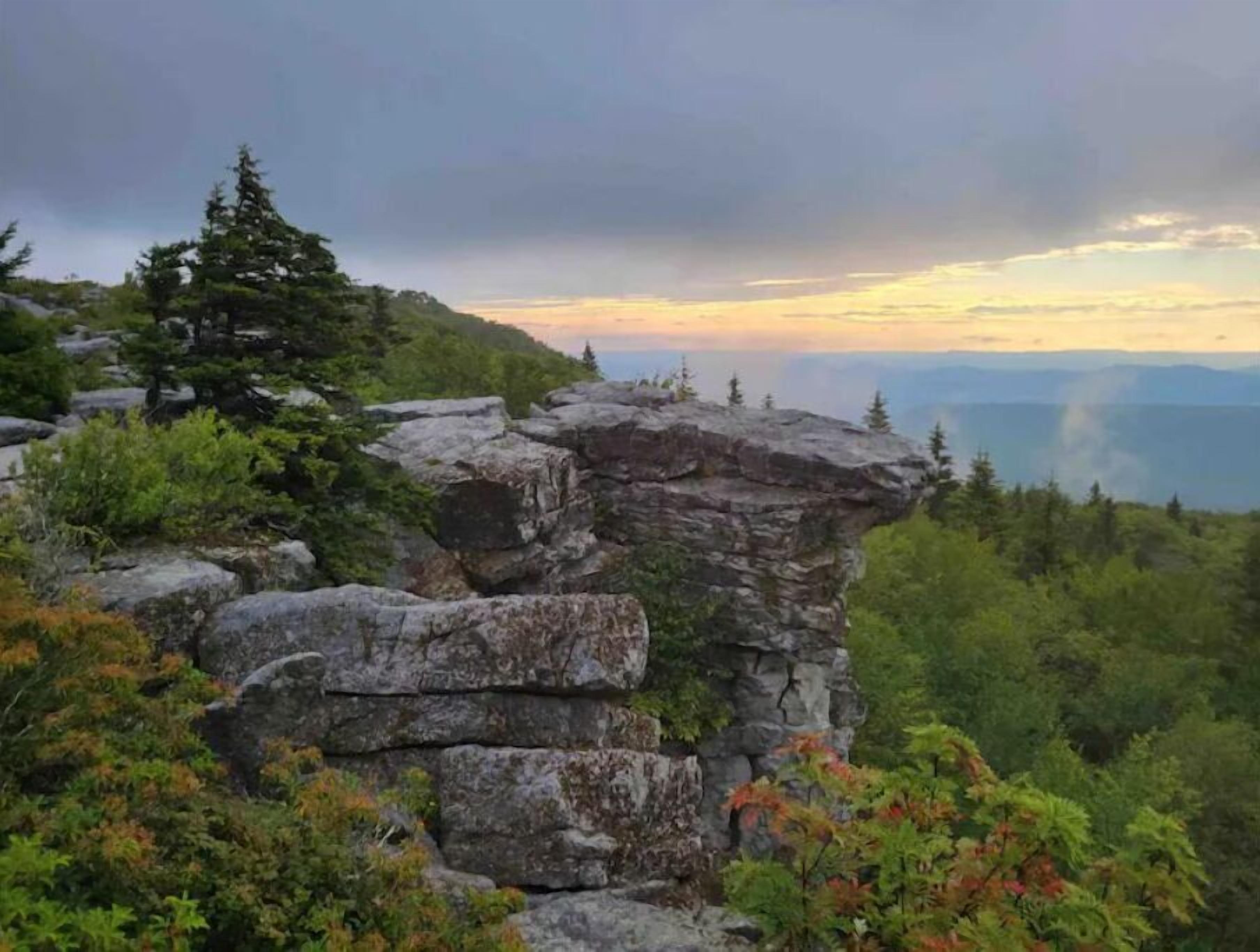 A rocky cliff with a view of a forested landscape and a body of water in the distance.