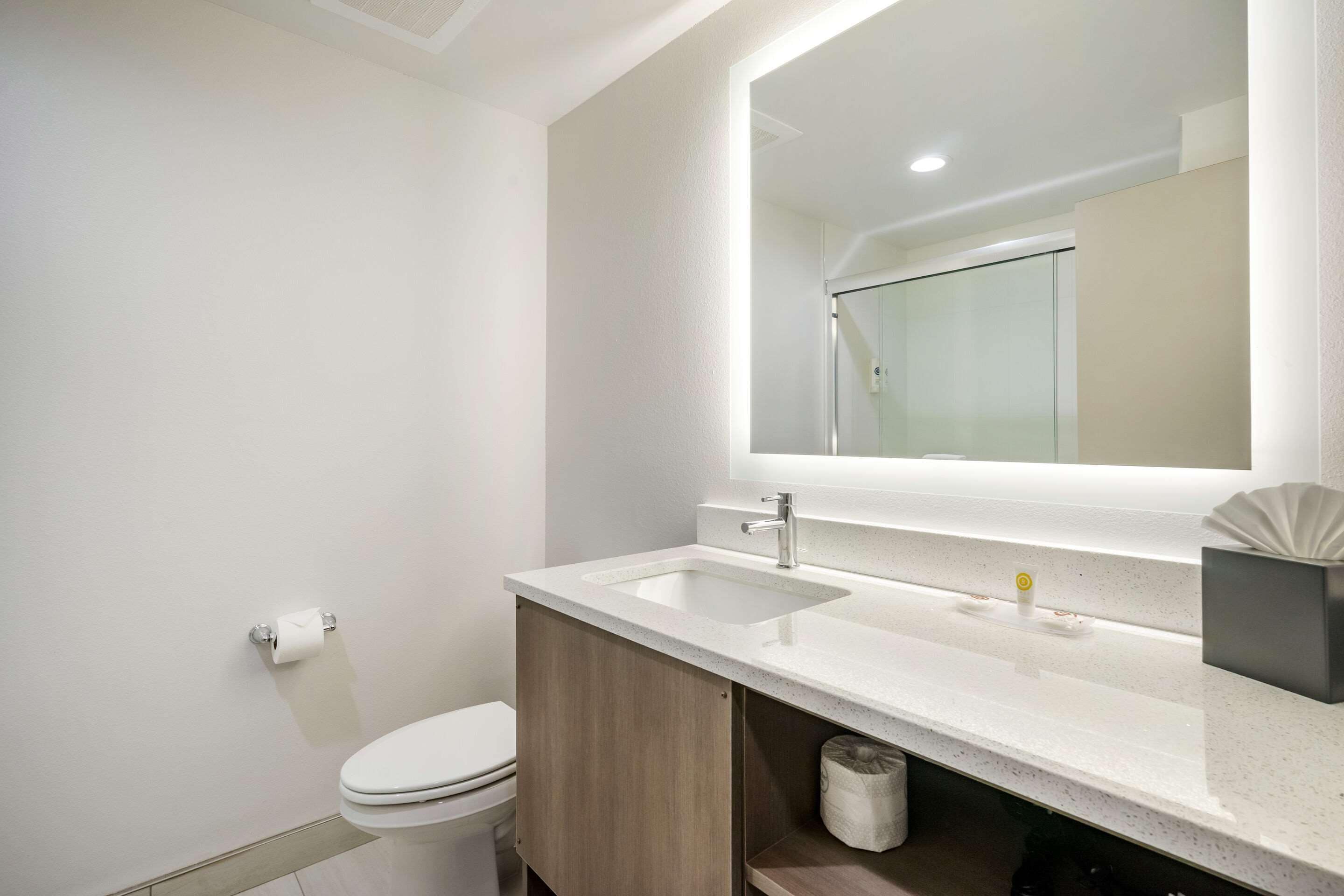 A modern bathroom with a white sink, a mirror, and a toilet.