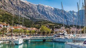 Ein Yachthafen mit vertäuten Booten, umgeben von einer gebirgigen Landschaft und Wohngebäuden.