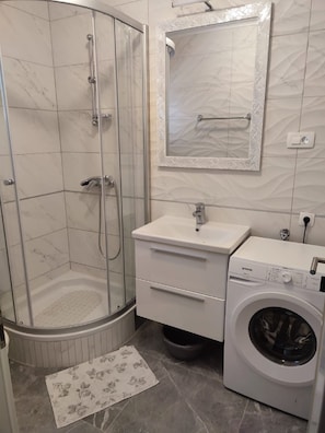 Shower, hair dryer, towels