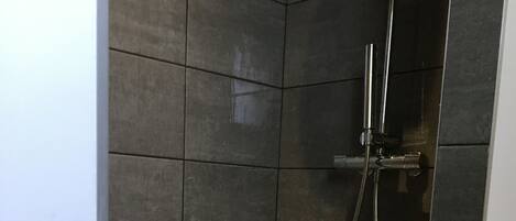 Shower, hair dryer, towels, toilet paper