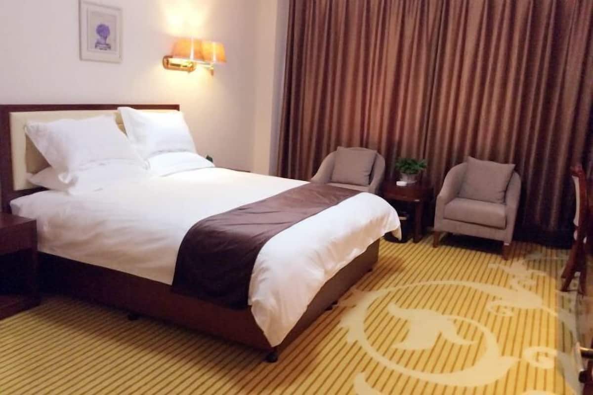 A hotel room with a large bed, two chairs, a small table with a plant, and a curtain.