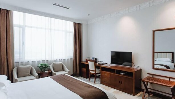 Una habitación de hotel con una cama grande, un escritorio con televisor, una silla y una pequeña mesa con una planta.