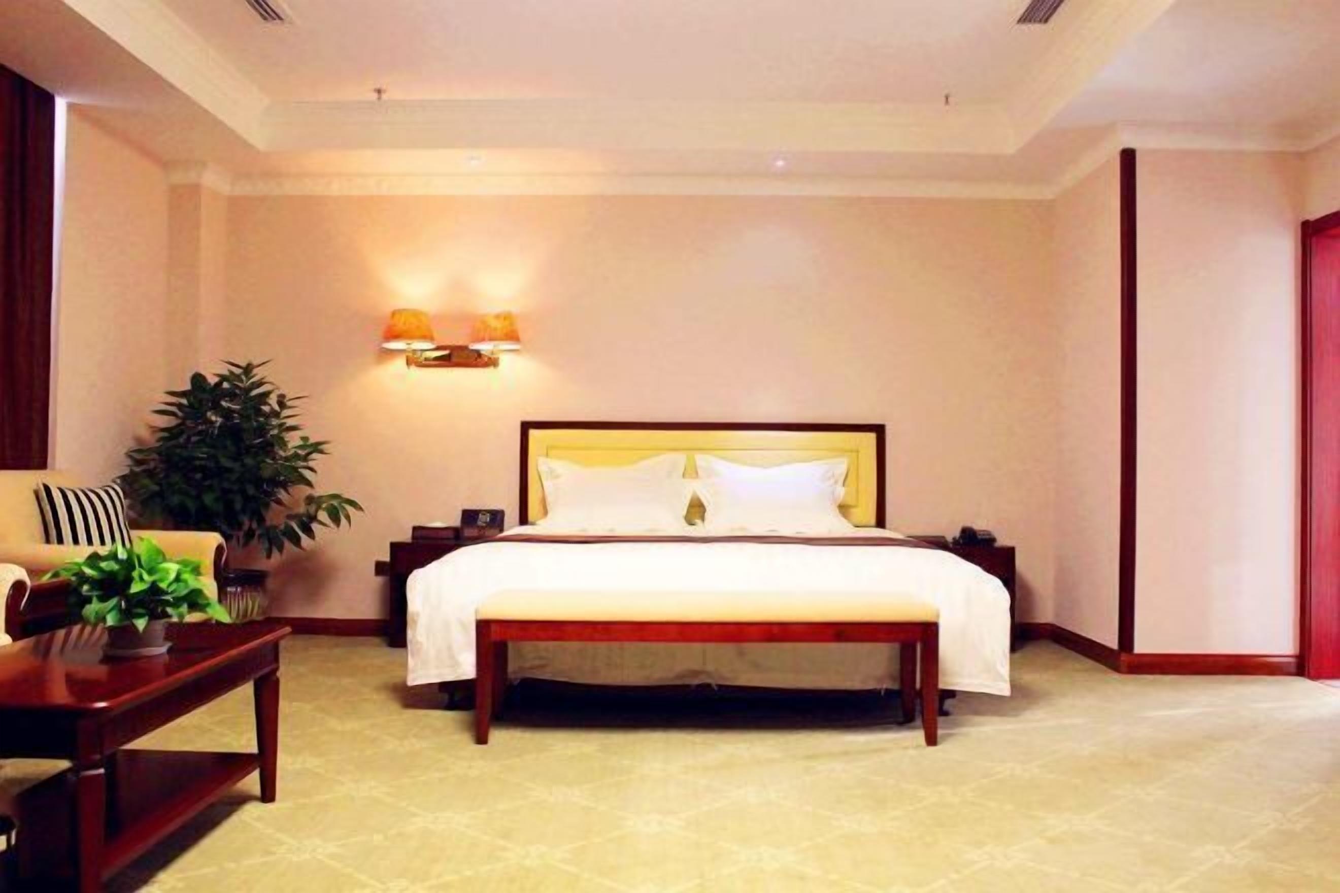 Une chambre d’hôtel avec un lit, une table de chevet, une lampe et une plante en pot.