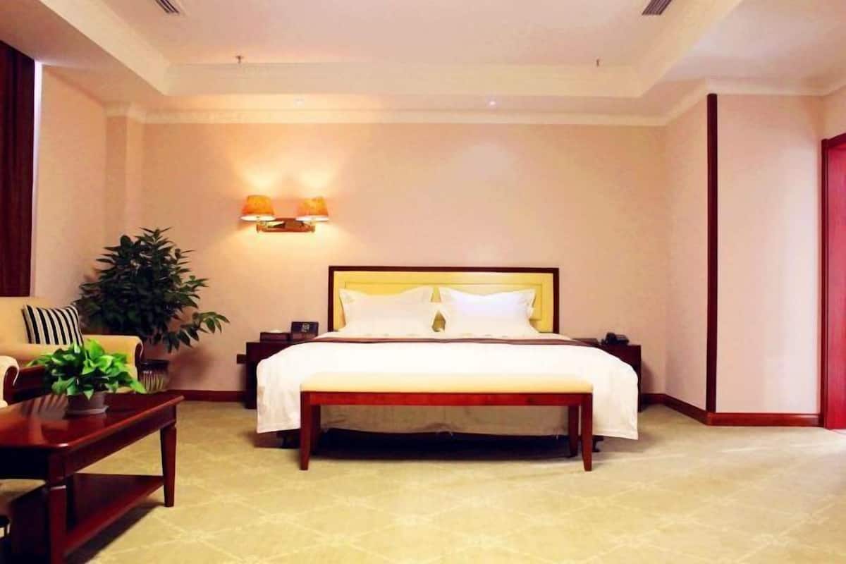 A hotel room with a bed, bedside table, lamp, and a potted plant.