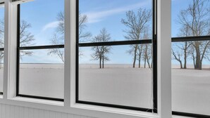 A room with large windows, white walls, and a view of a beach with trees.
