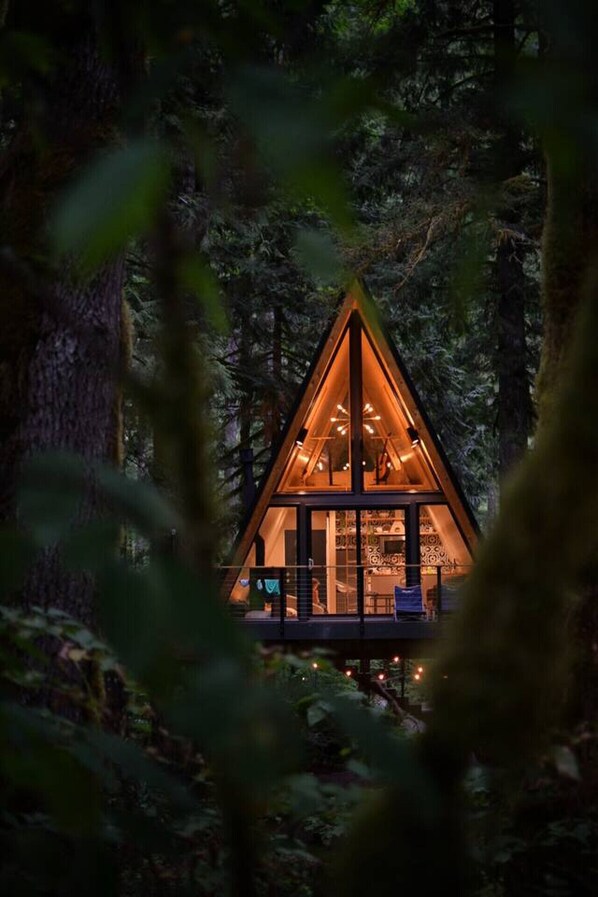 A cabin with a triangular roof, surrounded by dense forest.