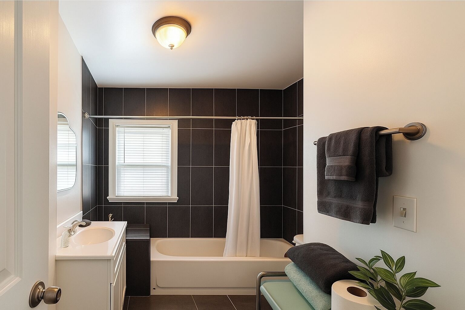 Une salle de bain moderne avec une baignoire, un rideau de douche, un porte-serviettes et une plante en pot.