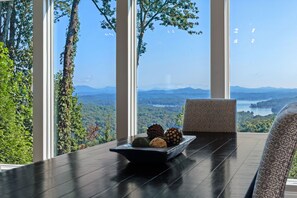 A room with a large window overlooking a mountainous landscape. - Modern Mountain Oasis • 5BR with Million-Dollar Lake Views • EV• Hot Tub • PetOK (Blue Ridge)