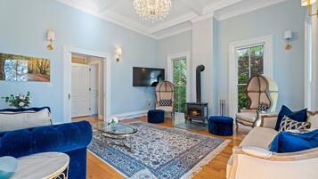 TV connectée, cheminée, livres, chaîne hi-fi