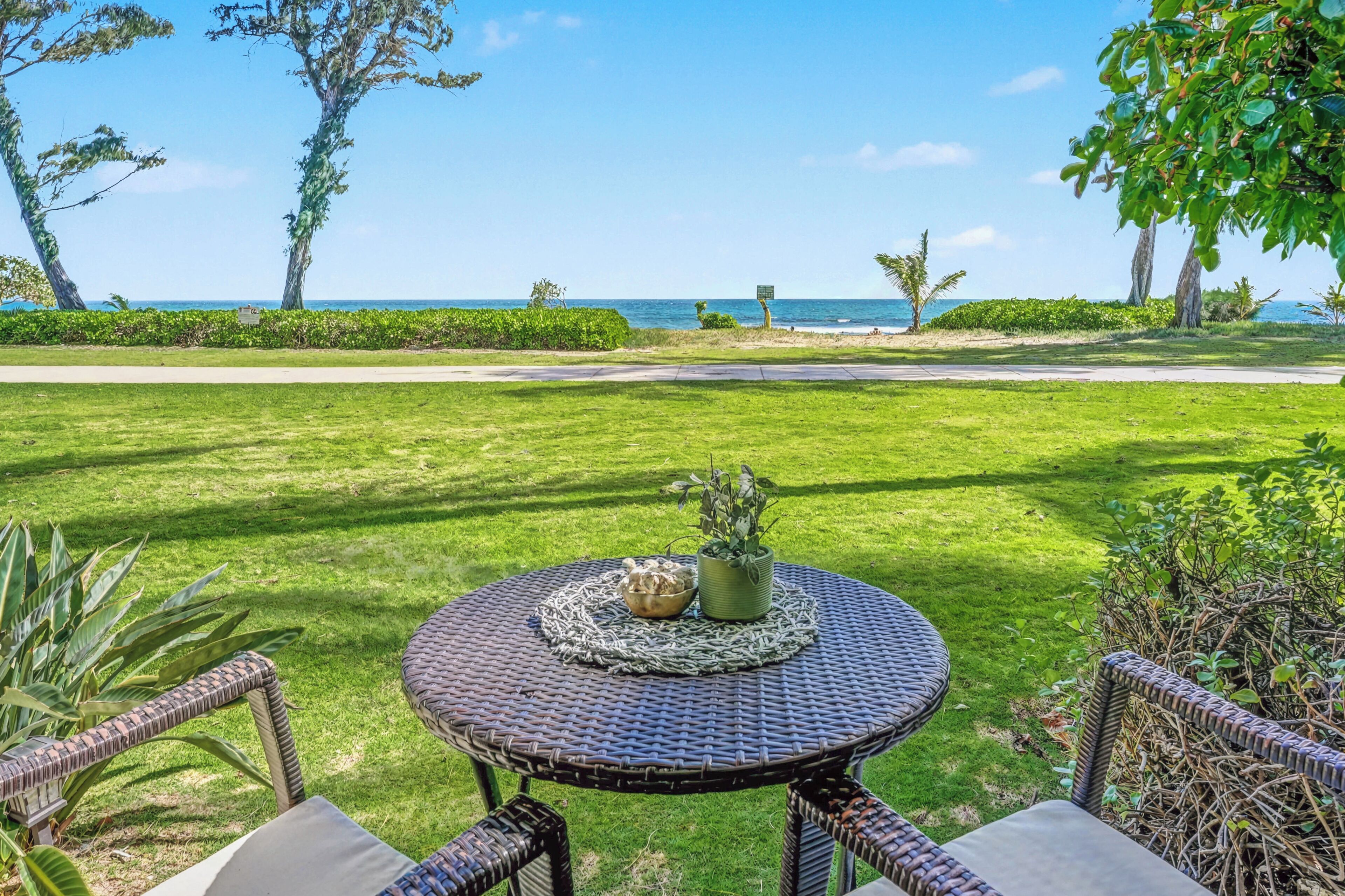 A round wicker table with a bowl and plant, surrounded by wicker chairs, overlooking a grassy area with trees and a view of the ocean.