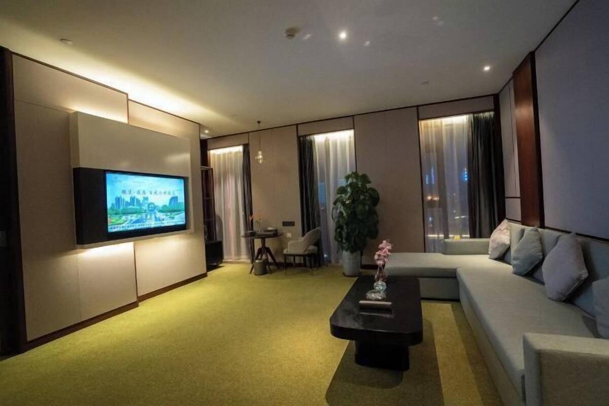 A modern living room with a flat-screen TV, a sofa, a coffee table, and a plant.