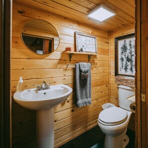 A wooden cabin bathroom with a sink, toilet, mirror, and framed artwork on the wall. - Persis River View-Outdoor shower/Sauna/Cold plunge (Sultan)