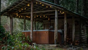 Eine rustikale Holzhütte mit einer Veranda, umgeben von dichtem Wald.