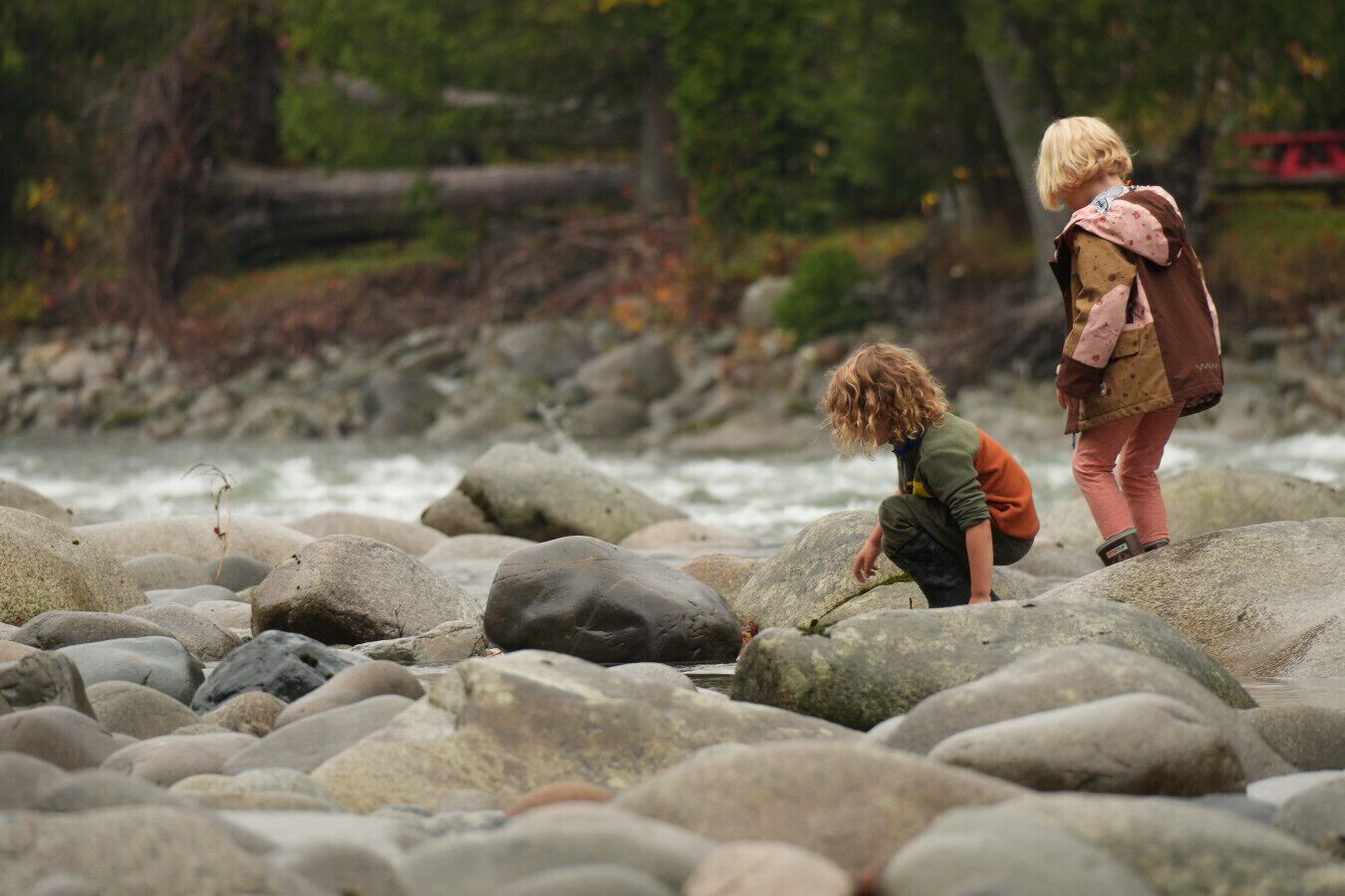 Two children playing on a rocky riverbank with a forest in the background.