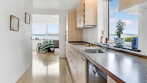 A modern kitchen with a view of a lake, wooden cabinets, a granite countertop, and a dishwasher. - 4 bedroom amazing home in Mariager (Mariager)