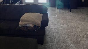 A living room with a sofa, a glass partition, and a door leading to a balcony. - Up North, Outdoor Enthusiast’s Paradise! (Birchwood)