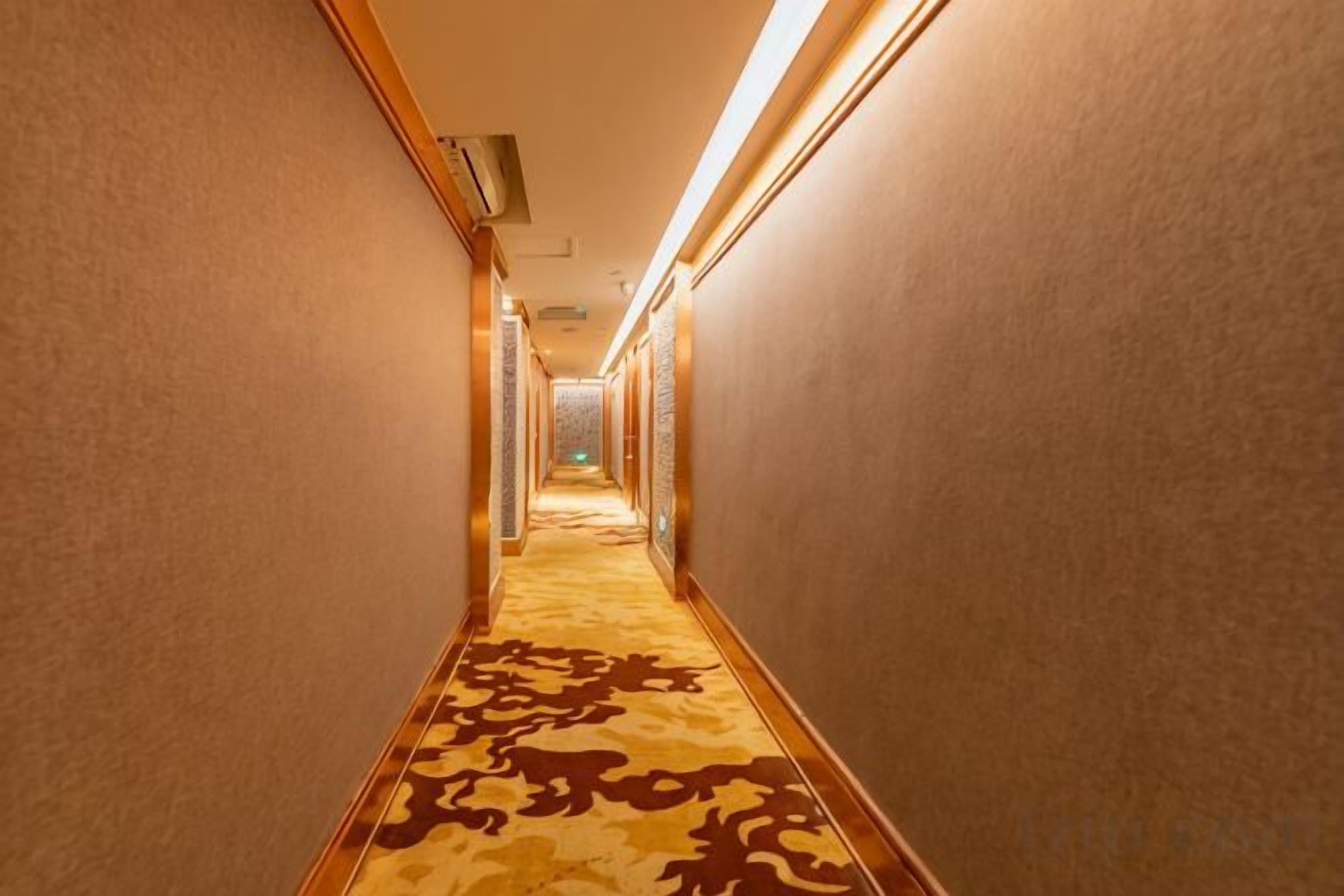 A hallway with patterned carpet, walls, and overhead lighting.