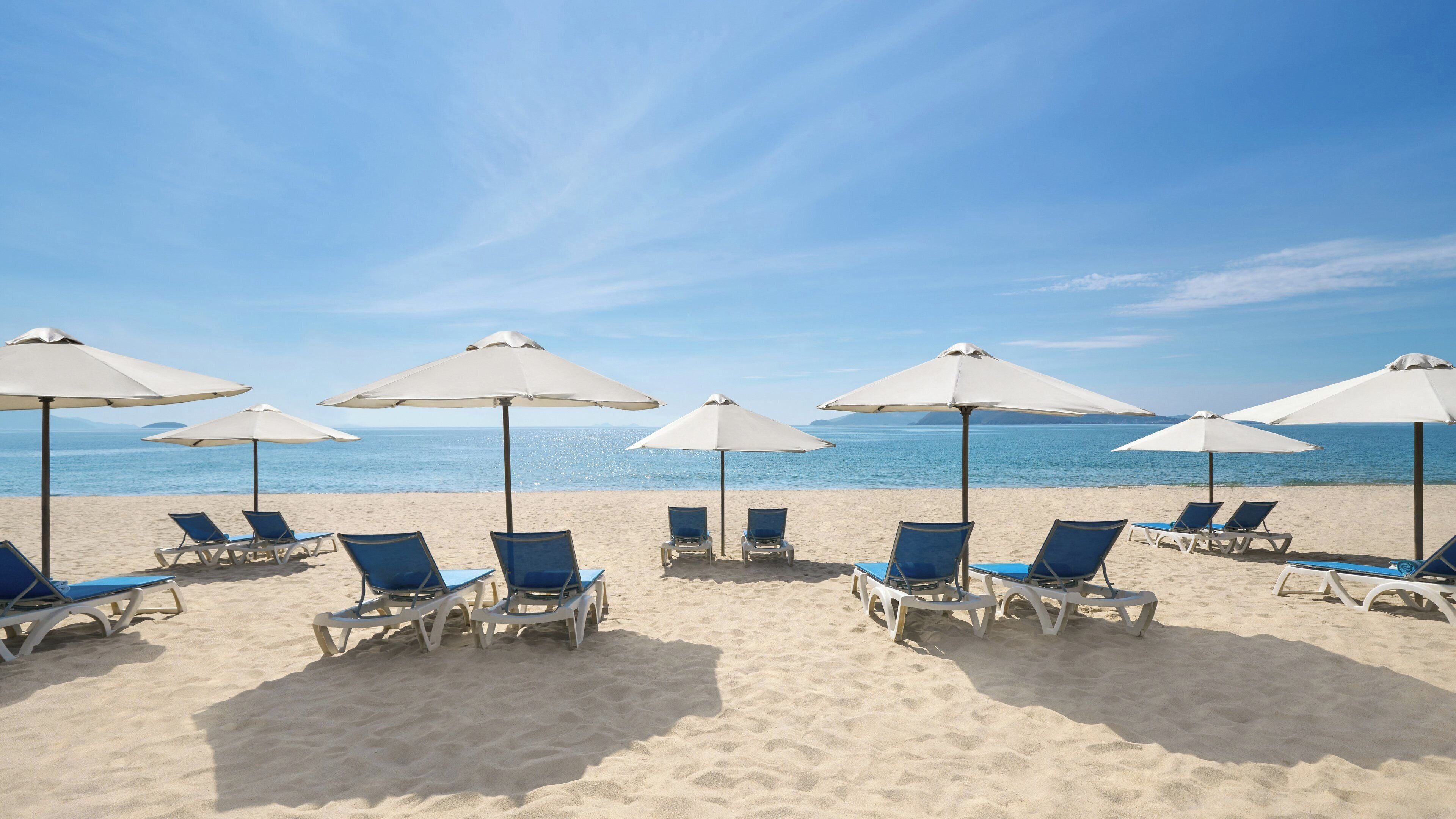 Une plage avec des transats et des parasols.
