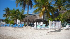 A beach with palm trees, a thatched-roof building, and blue lounge chairs. - Capt. Joe's Key Colony Beach 5-Star Pool & Beach access (Key Colony Beach)