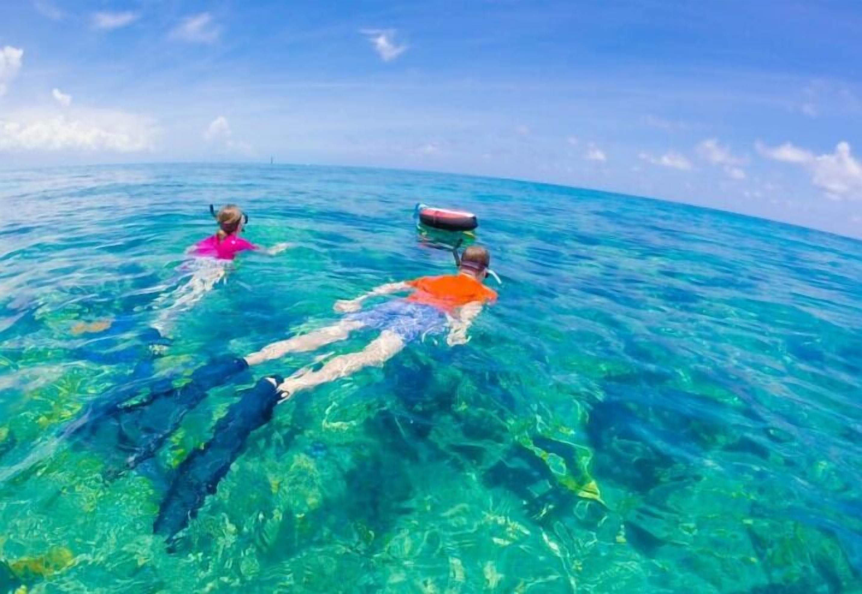 Two people swimming in clear blue water with a boat visible in the distance.