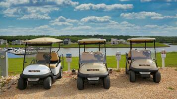 Three golf carts parked on a gravel path with a lake and houses in the background.