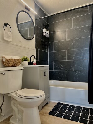 Hair dryer, towels, soap, shampoo