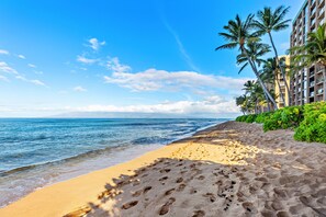 Sand levels at the Mahana Beach can vary depending on the conditions.  A larger beach also starts on the south side of the resort and continues for miles!