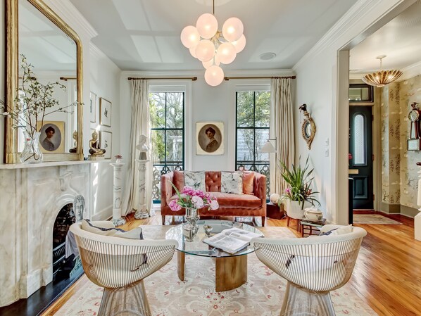 TV, fireplace, books