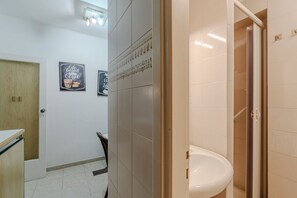 Shower, hair dryer, bidet, towels