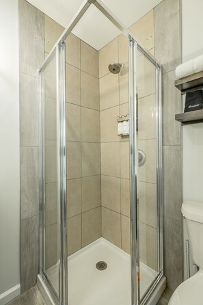 Regadera, toallas, jabón, shampoo 