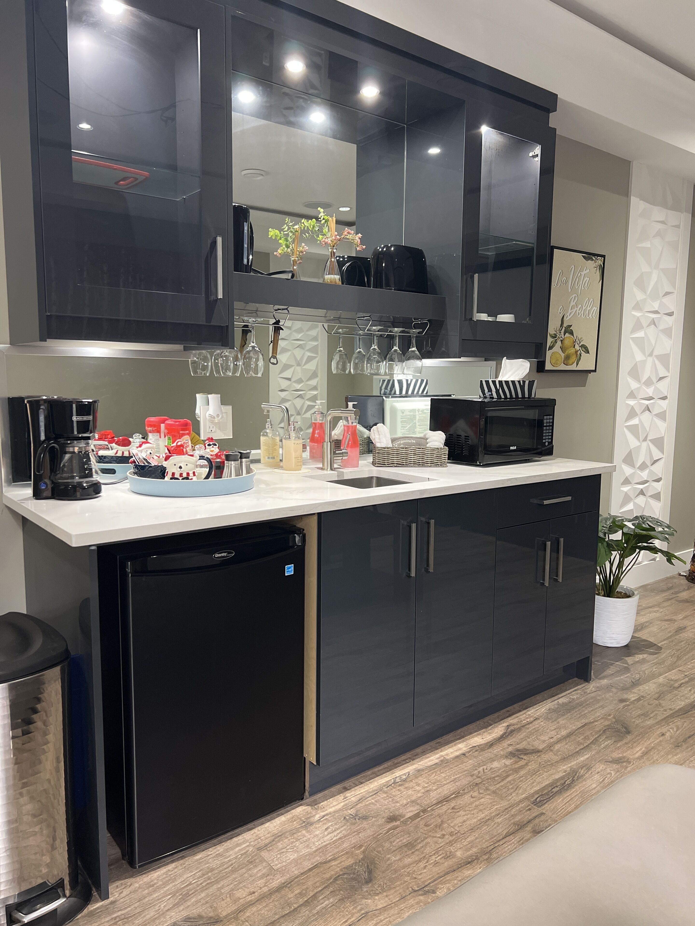 Fridge, microwave, oven, coffee/tea maker