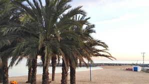 A beach with palm trees, a sandy shore, and a calm sea. - Villa Isabela, Calonge - Costa Brava (Calonge)