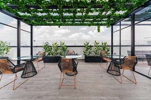 Una terraza en la azotea con mesas y sillas de vidrio, rodeada de plantas en macetas y un pérgola con follaje.