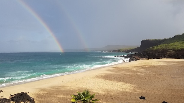 Una playa con un arcoíris, cielo despejado y olas del océano.