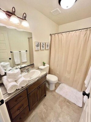 Une salle de bain équipée d’un lavabo, d’un miroir, de toilettes et d’un rideau de douche.