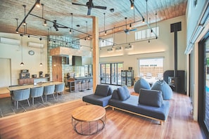 Luxury Villa | Living area | 75-inch flat-screen TV with cable channels, TV, fireplace - VILLA SAISON FUJI (Fujikawaguchiko)