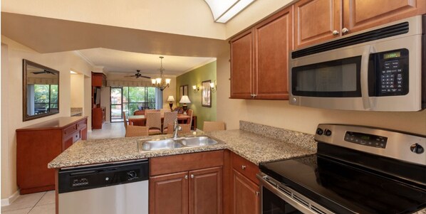 Microwave, dishwasher, cookware/dishes/utensils