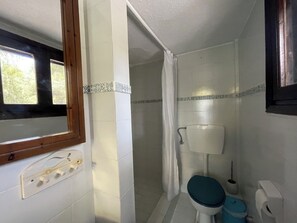 A small bathroom with a toilet, a shower curtain, and a window.