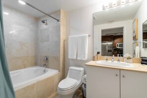 Hair dryer, towels, soap, shampoo