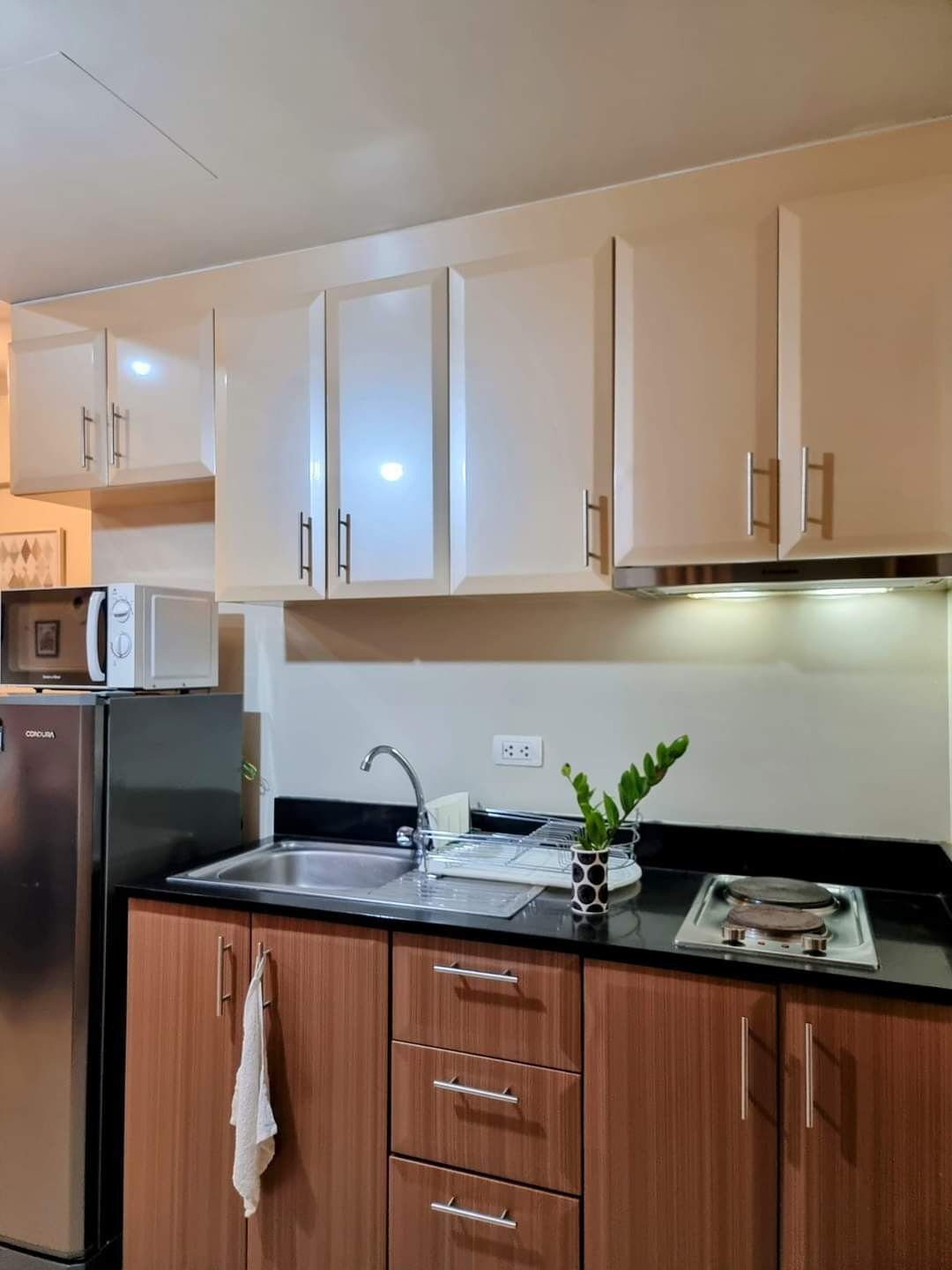 A modern kitchen with white cabinets, a stainless steel refrigerator, a microwave, a sink with a faucet, and a small potted plant on the countertop.