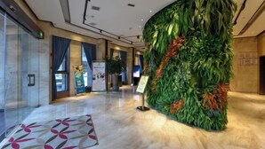 A lobby with a curved green wall, a patterned carpet, and a glass door. - Xierdun Yixuan Hotel (Lishui)