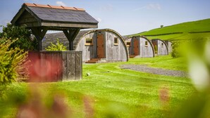 Uma fileira de cabanas rústicas de madeira, com varanda coberta e paisagem gramada.