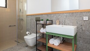 A modern bathroom with a glass-enclosed shower, a white toilet, a sink on a green shelf, and a mirror above the sink. - Nisi Living Concept - Kasos Villa (Ialysos)
