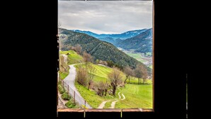 Un paysage rural avec une route sinueuse, des champs verdoyants et des montagnes à l’horizon.