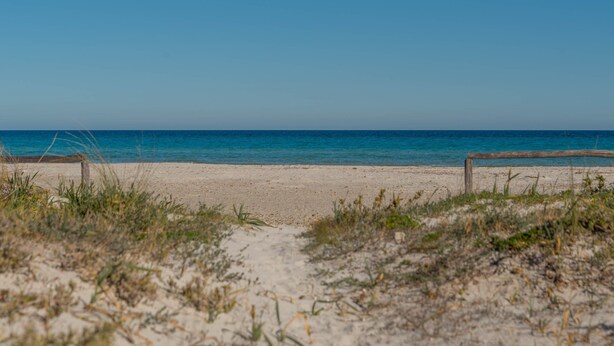 A beach with a wooden fence and a clear view of the ocean. - Holiday Home 'Villetta Sarda' with Private Terrace and Air Conditioning (san teodoro lu fraili)