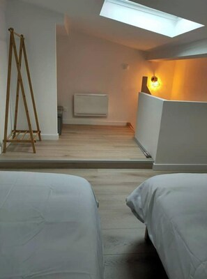 Cozy loft space with a sloped ceiling, featuring two beds and a skylight.