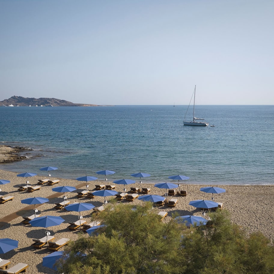 On the beach, sun loungers